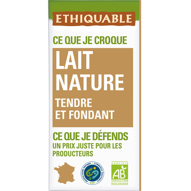 ETHIQUABLE - Chocolat au lait nature BIO - la tablette de 100g