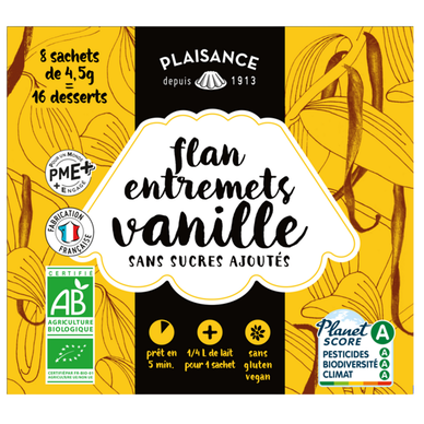 Préparation bio pour flan et entremets vanille sans sucres ajoutés PLAISANCE BIO, 8 sachets de 4,5g, 36g