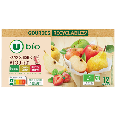 Purée pomme/pomme poire/pomme fraise sans sucre ajouté, gourdes 12x90g
