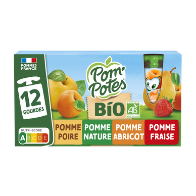 Dessert fruitier Gourdes BIO Pomme, Pomme Abricot, Pomme Poire, PommeFraise POM'POTES, 12x90g