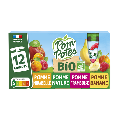 Dessert fruitier Gourdes BIO Pomme, Pomme Mirabelle, Pomme Framboise,Pomme Banane POM'POTES, 12x90g