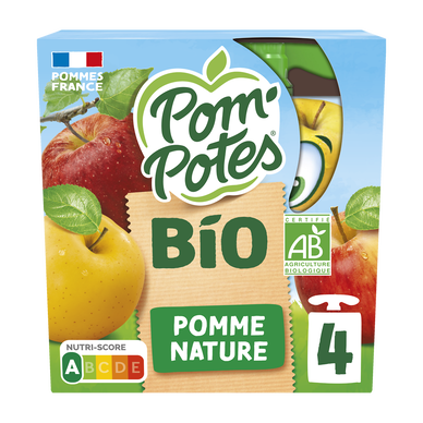 Dessert fruitier Gourdes BIO Pomme Nature POM'POTES, 4x90g