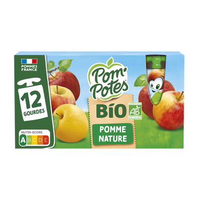 Dessert fruitier Gourdes BIO Pomme Nature POM'POTES, 12x90g