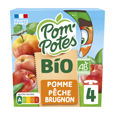 Dessert fruitier Gourdes BIO Pomme Pêche Brugnon POM'POTES, 4x90g