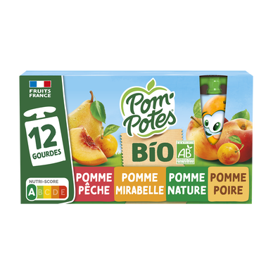 Dessert fruitier Gourdes BIO Pomme, Pomme Poire, Pomme Mirabelle, Pomme PêchePOM'POTES, 12x90g