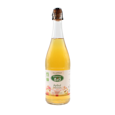Jus de pommes bio naturel gazéifié sans alcool PLANET BIO, bouteille de 75cl
