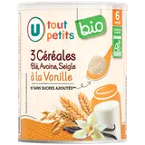 3 céréales Bébé Blé Avoine Seigle à la vanille, U TOUT PETITS BIO de 6à 12 mois - 220g