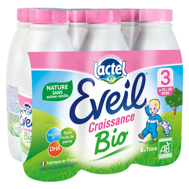 LACTEL EVEIL BIO - Lait de croissance bio nature, dès 12 mois - 6x1l