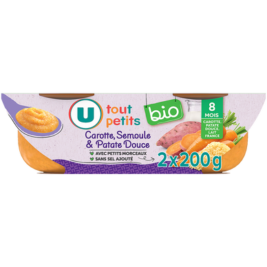 Plat bébé du soir Patate douce carotte et semoule, dès 8 mois - 2x200g- Repas bébé