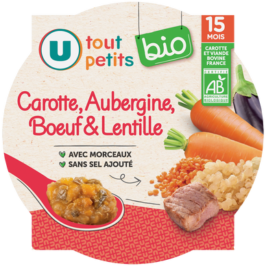 Plat bébé assiette Carotte, Aubergine, Boeuf & Lentille, dès 15 mois -250g - Repas bébé