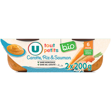 Plat bébé du midi Carotte, riz & saumon, de 6 à 12 mois - 2x200g - Repas bébé