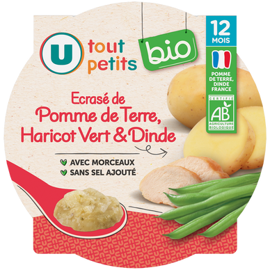 Plat bébé Ecrasé de pomme de terre, haricots verts et dinde, dès 12 mois - 230g - Repas bébé