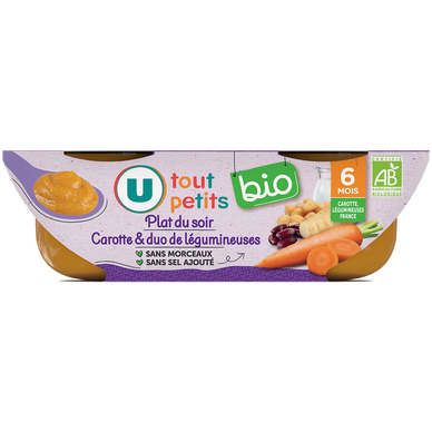 Plat bébé du soir Carotte & duo de légumineuses, de 6 à 12 mois - 2x200g