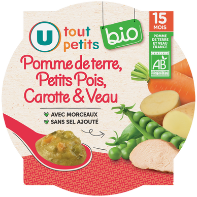 Plat bébé assiette de petits pois et veau bio, dès 15 mois - 250g - Repas bébé