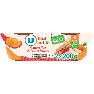 Plat bébé du midi Carotte, riz & poulet fermier, de6 à 12 mois - 2x200g - Repas bébé