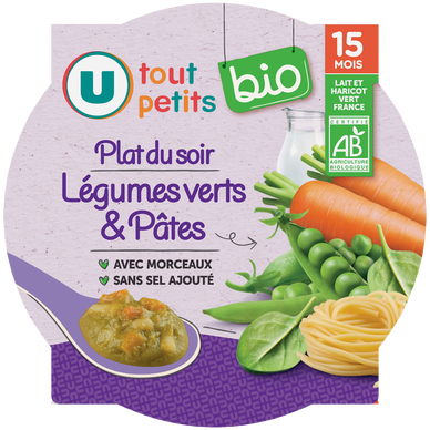 Plat bébé assiette du soir aux légumes verts et pâtes bio, dès 15 mois- 250g - Repas bébé