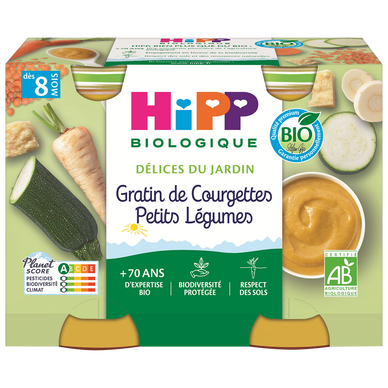 HIPP DELICES DU JARDIN - Gratin de courgettes petits légumes, dès 8 mois - 2x190g - Petits pots bébé