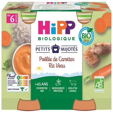 HIPP PETITS MIJOTES - Petits mijotés poélée de carottes riz veau, de 6à 12 mois - 2x190g