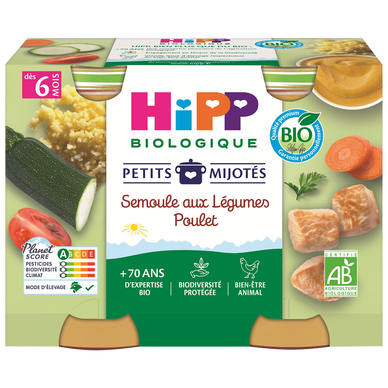 HIPP PETITS MIJOTES - Semoule aux légumes poulet, de 6 à 12 mois - 2x190g - Petits pots bébé