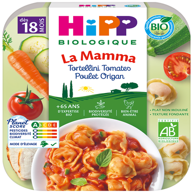 HIPP LES PETITS GOURMETS - Plat bébé du midi Tortellini, tomates poulet origan, dès 18 mois - 250g