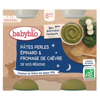 Plat bébé du soir Pâtes perles Epinard & Fromage de Chèvre de nos Régions, dès 8 mois BABYBIO 4x130g