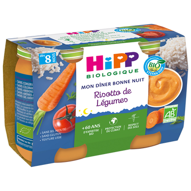 HIPP MON DINER BONNE NUIT - Risotto de légumes, dès 8 mois - 2x190g -Petits pots bébé
