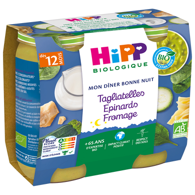 HIPP MON DINER BONNE NUIT - Plat bébé du soir Tagliatelles, épinards,fromage, dès 12 mois - 2x250g - Petits pots bébé