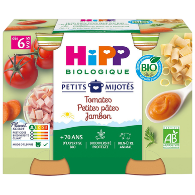 HIPP PETITS MIJOTES - Petits mijotés tomates petites pâtes jambon, de6à 12 mois - 2x190g - Petits pots bébé