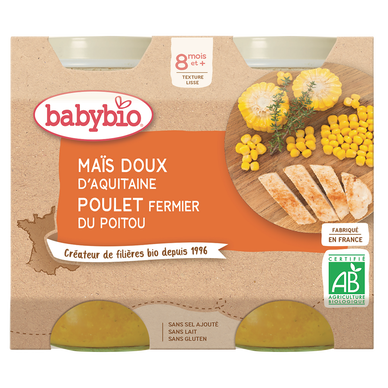 BABYBIO - Plat bébé du midi Maïs doux et poulet, dès 8 mois - 2x200g