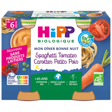 HIPP MON DINER BONNE NUIT - Plat bébé du soir Spaghetti tomates carottes petits pois, de 6 à 12 mois - 2x190g