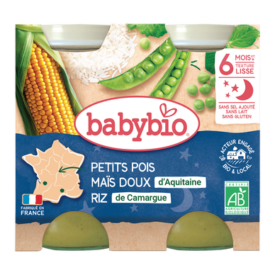 BABYBIO - Plat bébé du soir Petit pois maïs riz, de 6 à 12 mois - 2x200g