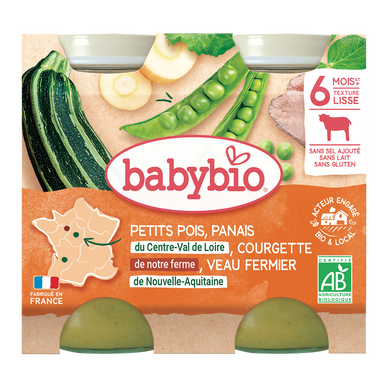 BABYBIO - Plat bébé du midi Petits pois, panais, courgette, veau, de 6à 12 mois - 2x200g