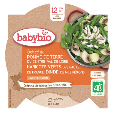 BABYBIO - Plat bébé du midi Pomme de terre, haricots verts, émincé dedinde, dès 12 mois - 230g