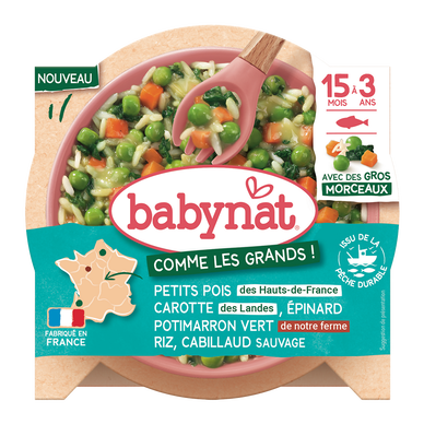 Assiette Petits pois HdF Carotte des landes Epinard Potimarron Vert denotre ferme riz cabillaud 15 mois bio BABYBIO 200g