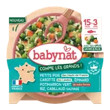 Assiette Petits pois HdF Carotte des landes Epinard Potimarron Vert denotre ferme riz cabillaud 15 mois bio BABYBIO 200g