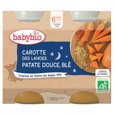 BABYBIO - Pot bonne nuit carotte patate douce et blé, de 6 à 12 mois -2x200g