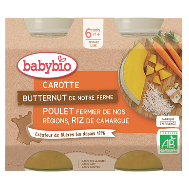 BABYBIO - Plat bébé du midi Carotte courge butternut poulet riz, de 6à12 mois - 2x200g