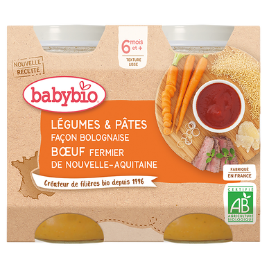 BABYBIO - Plat bébé du midi Légumes pâtes bolognaise boeuf, de 6 à 12mois - 2x200g