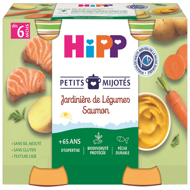 HIPP PETITS MIJOTES - Jardinière de légumes saumon, de 6 à 12 mois - 2x190g - Petits pots bébé