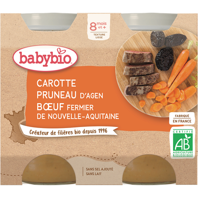 BABYBIO - Carotte, Pruneau Boeuf Fermier d'Aquitaine, dès 8 mois - 2x200g
