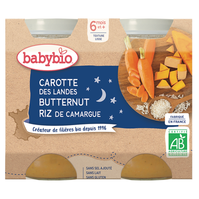 BABYBIO - Pot bonne nuit carotte Butternut riz, de 6 à 12 mois - 2x200g