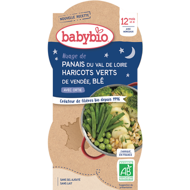 BABYBIO - Plat bébé du soir Nuage de panais, haricots verts de Vendée,blé, ortie, dès 12 mois - 2x200g