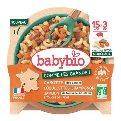 Assiette coquillettes chanmpignon jambon de Nouvelle Aquitaine carottedes Landes bio dés 15 mois BABYBIO 200g