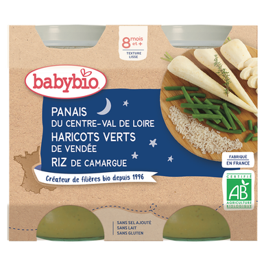 BABYBIO - Plat bébé du soir Panais haricots verts riz, de 6 à 12 mois-2x200g