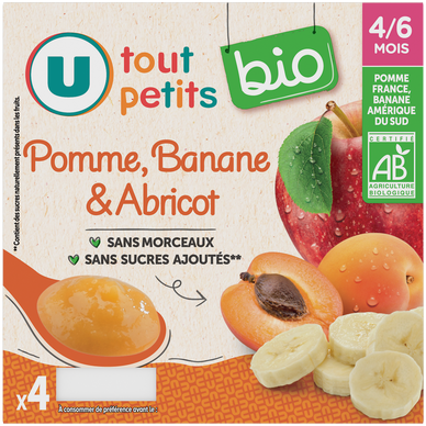 Dessert bébé Pomme, banane & abricot, dès 4 mois - 4x100g - Petits pots bébé