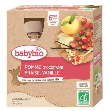 BABYBIO - Goûter bébé Pomme Fraise Vanille, de 6 à 12 mois - 4x90g