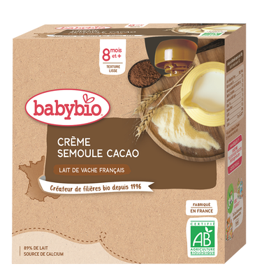 BABYBIO - Crème semoule cacao, 8 mois et plus - 4x85g