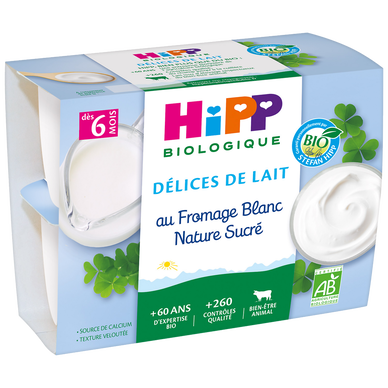 HIPP DELICES DE LAIT - Fromage blanc nature sucré, de 6 à 12 mois - 4x100g