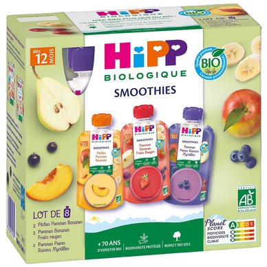 HIPP MES PREMIERS FRUITS - Purée de fruits et jus de fruits 3 variétésbio, dès 12 mois - 8x120ml