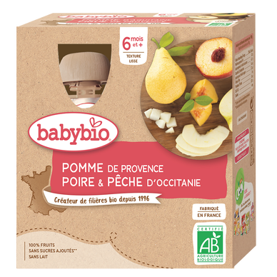 BABYBIO - Goûter bébé Pomme, poire, pêche, de 6 à 12 mois - 4x90g